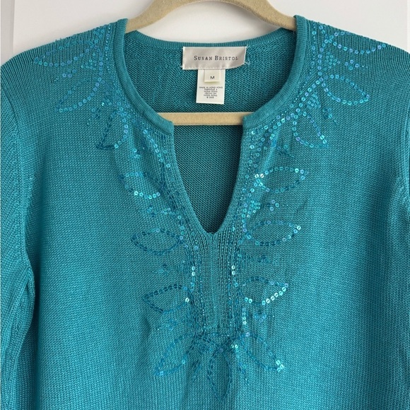 Susan Bristol V-Neck Sweater Split Neck Sequin Knit Turquoise Resort Top Medium - Picture 8 of 9